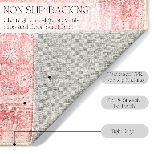 MUJOO Pink Rugs for Bedroom Girls 3'x5' Rug Washable Boho Area Rug for Living Room Small Cute Non Slip Throw Carpet for Bedside Dorm Shower Room Soft Light Pink Floral Home Decor - Image 5