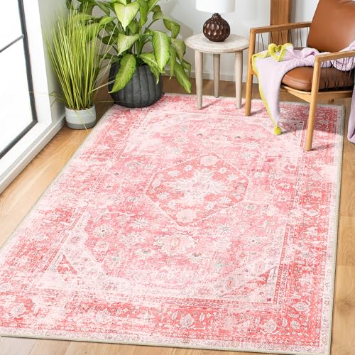 MUJOO Pink Rugs for Bedroom Girls 3'x5' Rug Washable Boho Area Rug for Living Room Small Cute Non Slip Throw Carpet for Bedside Dorm Shower Room Soft Light Pink Floral Home Decor - Image 1