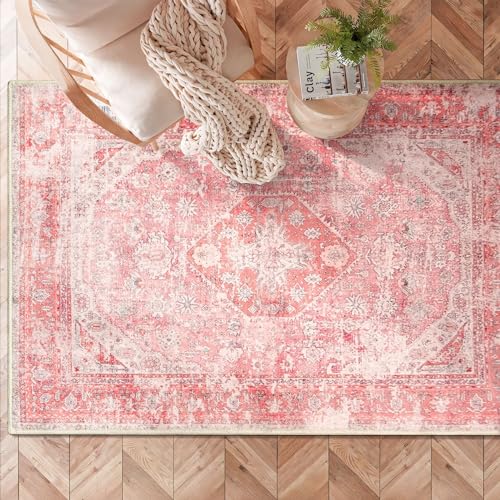 MUJOO Pink Rugs for Bedroom Girls 3'x5' Rug Washable Boho Area Rug for Living Room Small Cute Non Slip Throw Carpet for Bedside Dorm Shower Room Soft Light Pink Floral Home Decor - Image 2
