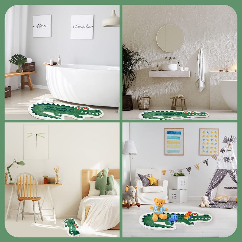 Seek4comfortable Crocodile Shaped Bath Mat for Bathroom  Cute Green Animal Bathroom Rug Non-Slip Door Mat Cartoon Alligator Bathroom Shower Rug Absorbent Bathmat Rug Plush Area Rug Playroom Rug   39.4x17.7 inch - Image 3