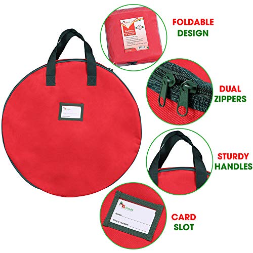 Primode Christmas Wreath Storage Bag 24" - 2 Pack Artificial Wreath Container - Garland Holiday Xmas Wreaths Holder - Sturdy Handles - Inner Straps - Card Slot Dual Zipper Strong Oxford (24 Inch, Red) - Image 2