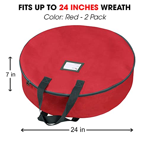 Primode Christmas Wreath Storage Bag 24" - 2 Pack Artificial Wreath Container - Garland Holiday Xmas Wreaths Holder - Sturdy Handles - Inner Straps - Card Slot Dual Zipper Strong Oxford (24 Inch, Red) - Image 3