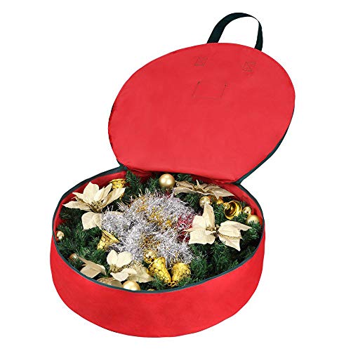 Primode Christmas Wreath Storage Bag 24" - 2 Pack Artificial Wreath Container - Garland Holiday Xmas Wreaths Holder - Sturdy Handles - Inner Straps - Card Slot Dual Zipper Strong Oxford (24 Inch, Red) - Image 4