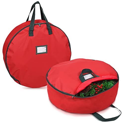 Primode Christmas Wreath Storage Bag 24" - 2 Pack Artificial Wreath Container - Garland Holiday Xmas Wreaths Holder - Sturdy Handles - Inner Straps - Card Slot Dual Zipper Strong Oxford (24 Inch, Red) - Image 1