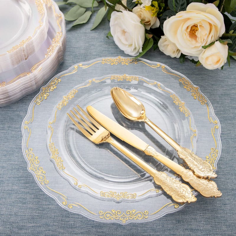 U-QE 175 Pieces Gold Plastic Plates and Napkins Party Supplies - Clear and Gold Dinnerware Set 25 Guest - 25 Dinner Plates  25 Dessert Plates  25 Per Rolled Napkins with Gold Cutlery  25 Cups 9 OZ - Image 2