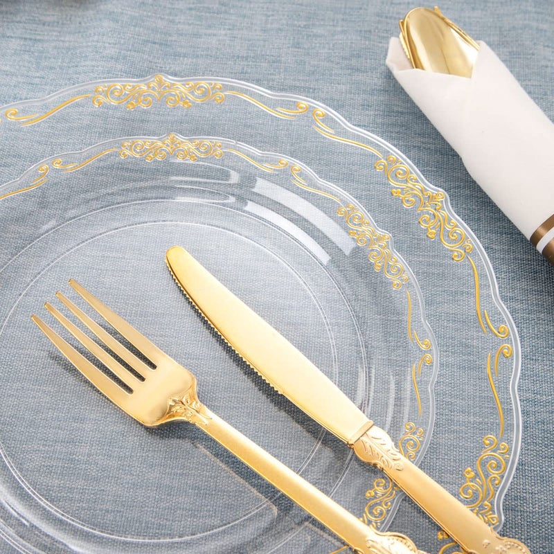 U-QE 175 Pieces Gold Plastic Plates and Napkins Party Supplies - Clear and Gold Dinnerware Set 25 Guest - 25 Dinner Plates  25 Dessert Plates  25 Per Rolled Napkins with Gold Cutlery  25 Cups 9 OZ - Image 4