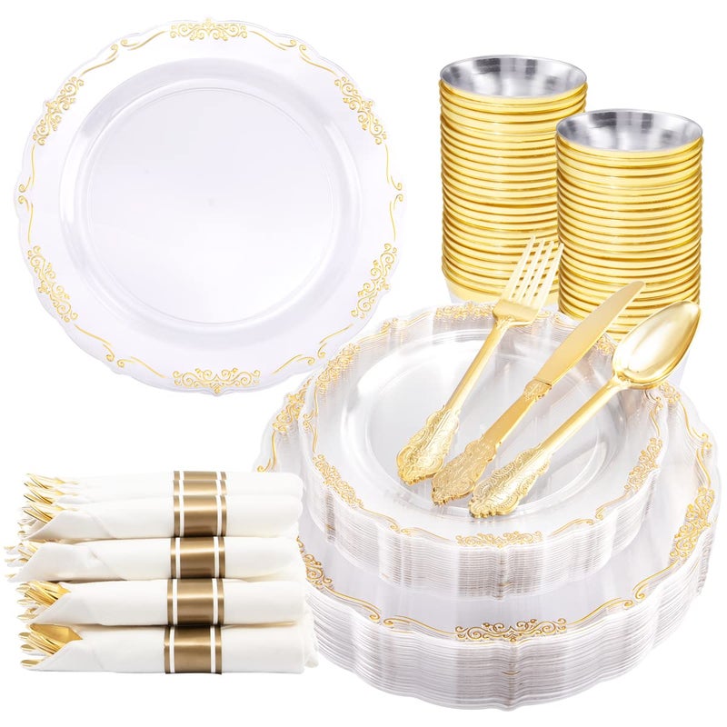 U-QE 175 Pieces Gold Plastic Plates and Napkins Party Supplies - Clear and Gold Dinnerware Set 25 Guest - 25 Dinner Plates  25 Dessert Plates  25 Per Rolled Napkins with Gold Cutlery  25 Cups 9 OZ - Image 1