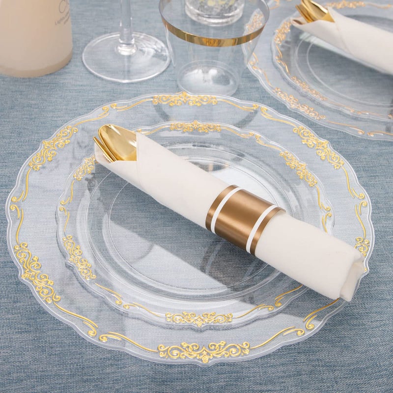 U-QE 175 Pieces Gold Plastic Plates and Napkins Party Supplies - Clear and Gold Dinnerware Set 25 Guest - 25 Dinner Plates  25 Dessert Plates  25 Per Rolled Napkins with Gold Cutlery  25 Cups 9 OZ - Image 3