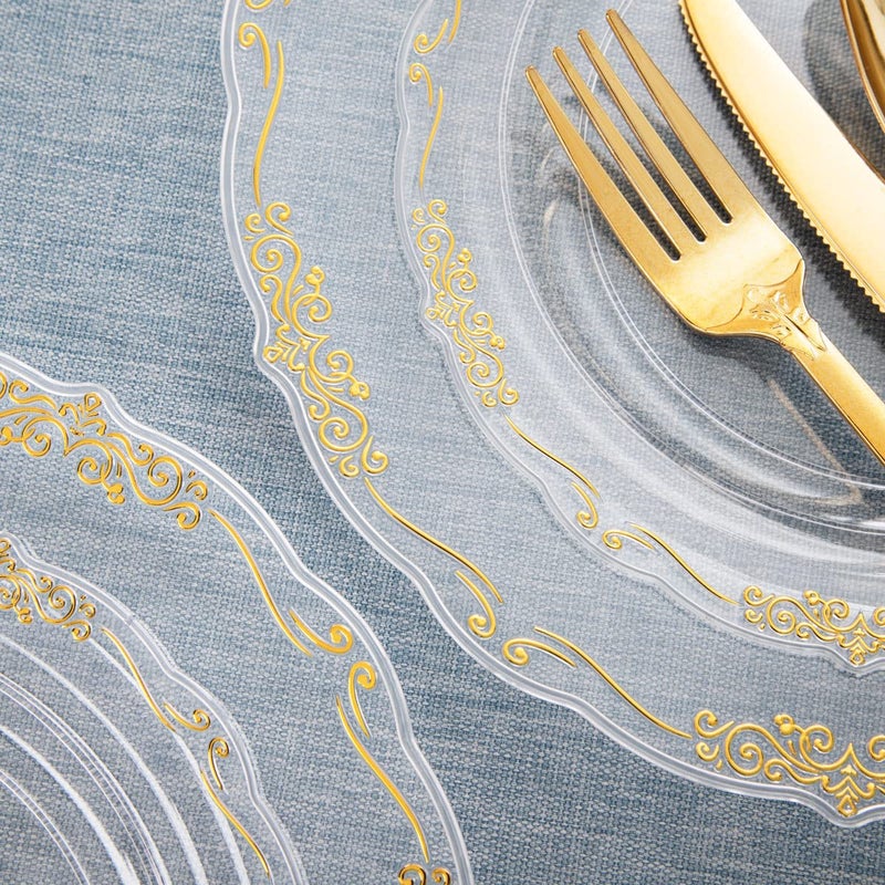 U-QE 175 Pieces Gold Plastic Plates and Napkins Party Supplies - Clear and Gold Dinnerware Set 25 Guest - 25 Dinner Plates  25 Dessert Plates  25 Per Rolled Napkins with Gold Cutlery  25 Cups 9 OZ - Image 5