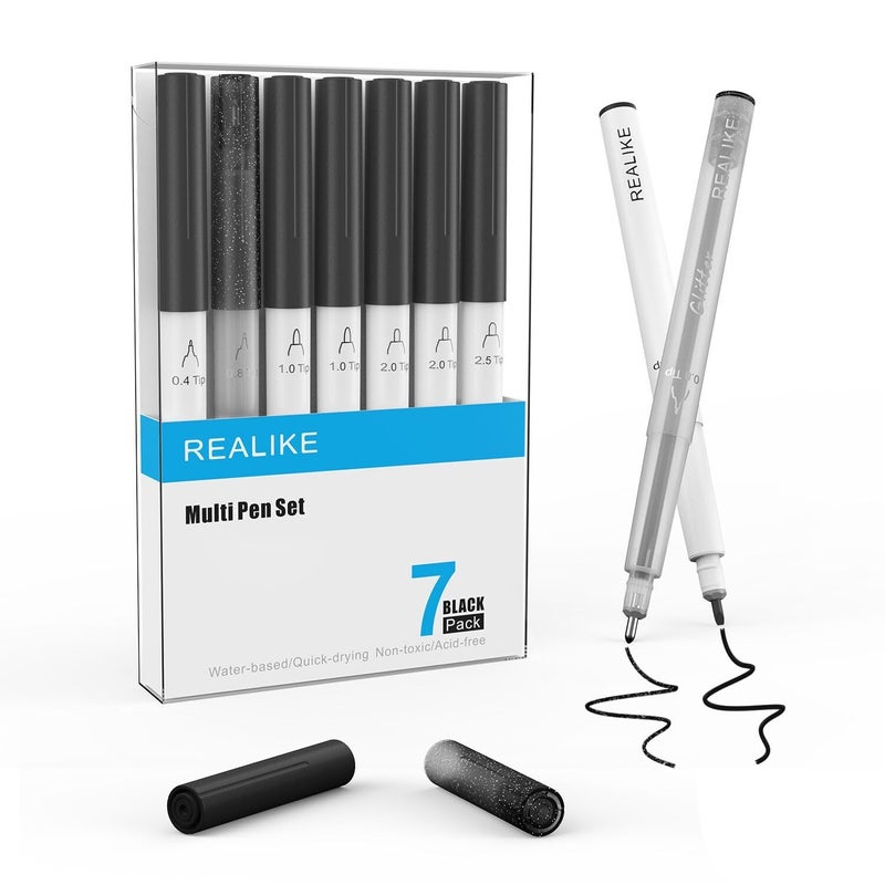 REALIKE Variety Pens for Cricut Maker 3Maker 4MakerExplore 34Air 2AirBlack Pens Set of 7Pack Include Fine Point PenGlitter Gel Marker Calligraphy Writing Drawing Pens Compatible with Cricut