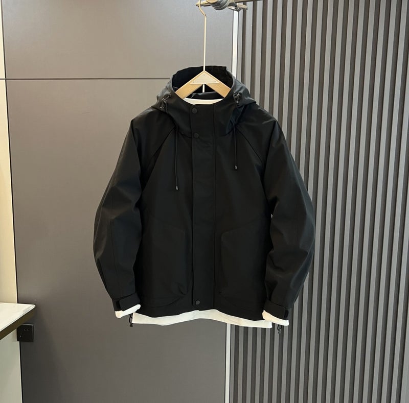 New Spring Autumn Mens Jacket American Style Trendy Solid Color Hooded Casual Loose-Fit Work Jacket Jumper Coat Outwear Black 