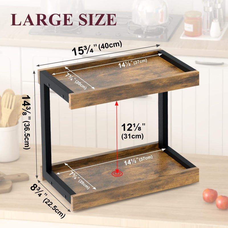 MARTY 2 Tier 15.75"x8.9" Large Countertop Shelf Organizer Spice Rack, Coffee Station Organizer for Mugs Cups, Wooden Shelf Desktop Storage Organizer for Kitchen Bathroom Home Office (Rustic Brown) - Image 5