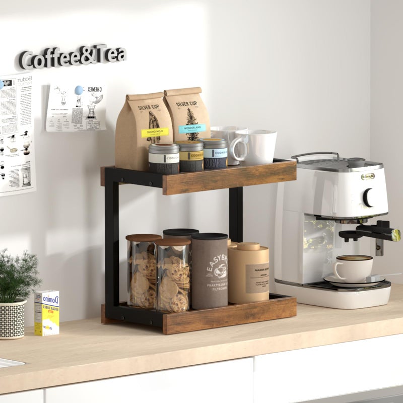 MARTY 2 Tier 15.75"x8.9" Large Countertop Shelf Organizer Spice Rack, Coffee Station Organizer for Mugs Cups, Wooden Shelf Desktop Storage Organizer for Kitchen Bathroom Home Office (Rustic Brown) - Image 3