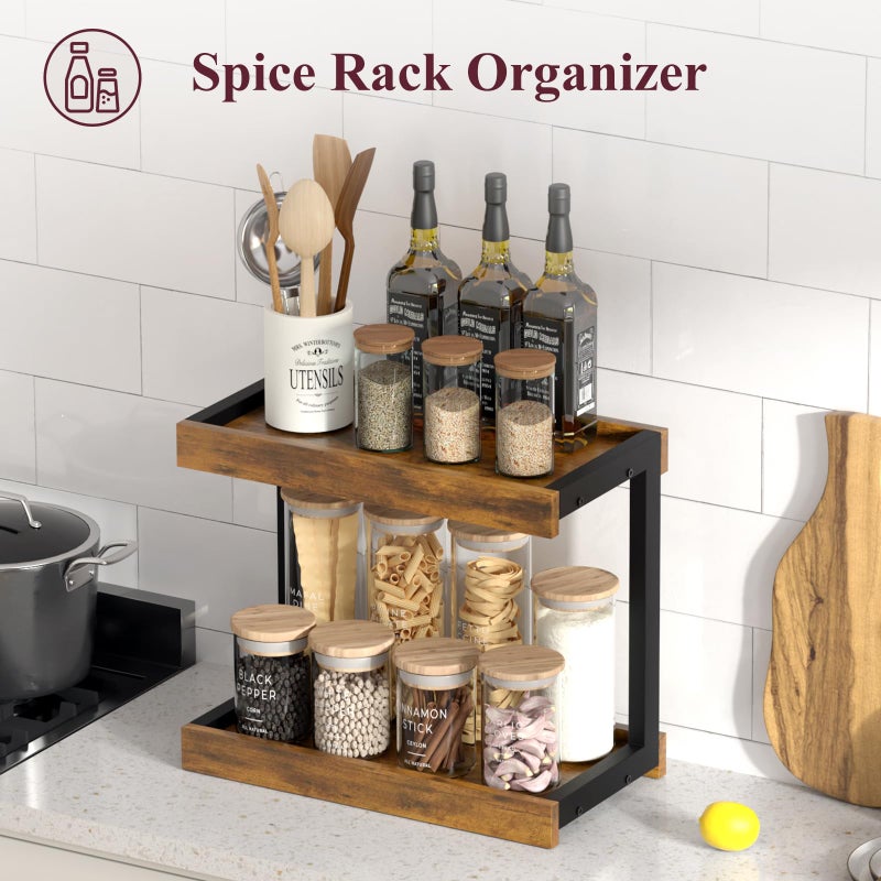 MARTY 2 Tier 15.75"x8.9" Large Countertop Shelf Organizer Spice Rack, Coffee Station Organizer for Mugs Cups, Wooden Shelf Desktop Storage Organizer for Kitchen Bathroom Home Office (Rustic Brown) - Image 2
