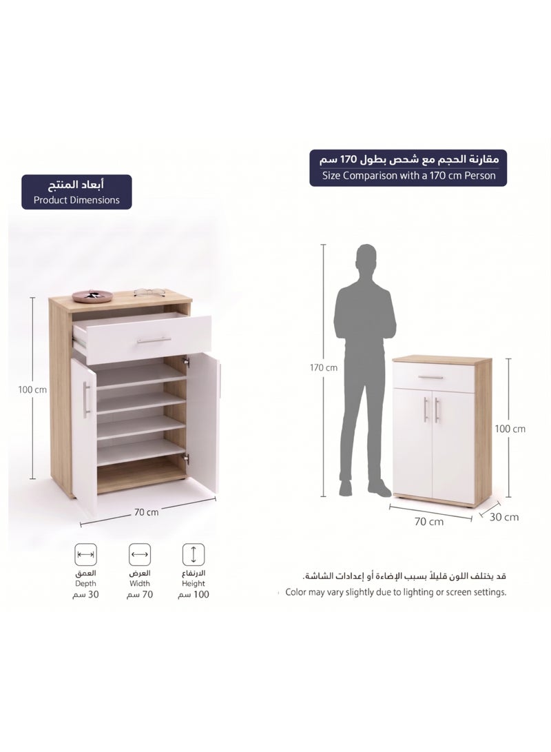 Furniture Store Modern shoe rack/shoe cabinet with a wide drawer and 5 shelves, MDF, in light wood color with white, high-quality finish, from Furniture Store. - Image 2