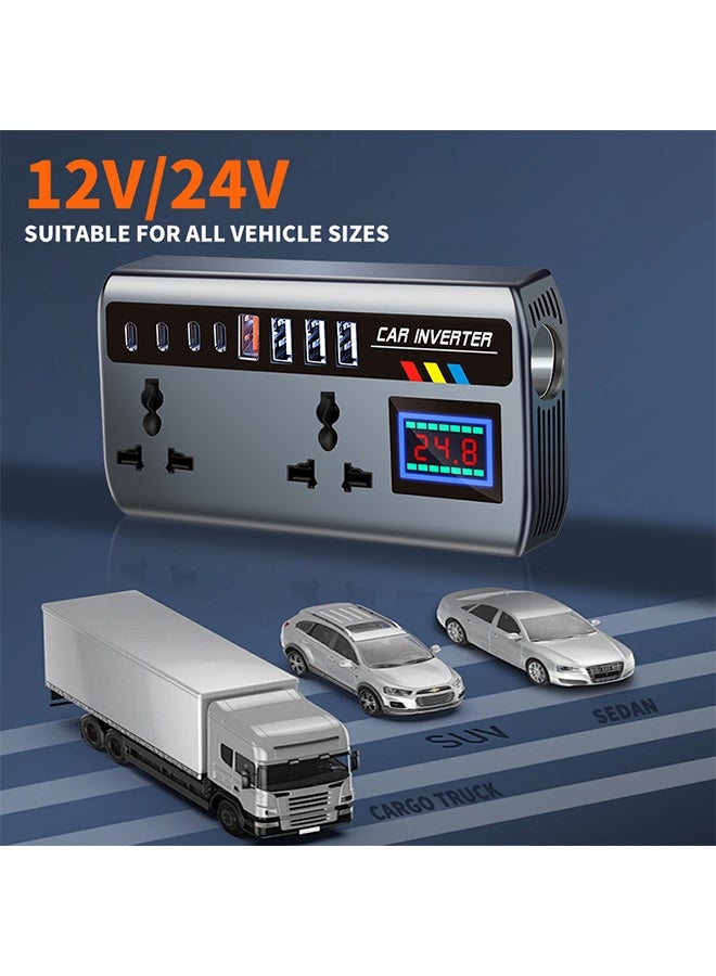 HAVEN 200W Car Power Inverter, Car Electric Outlet Adapter, DC 12/24V to 220V AC, Car Plug Converter with 3 USB Ports and 2 Type-C Ports, Built-in Switch and LCD Current Display, Compatible with Cars and Trucks - Image 4