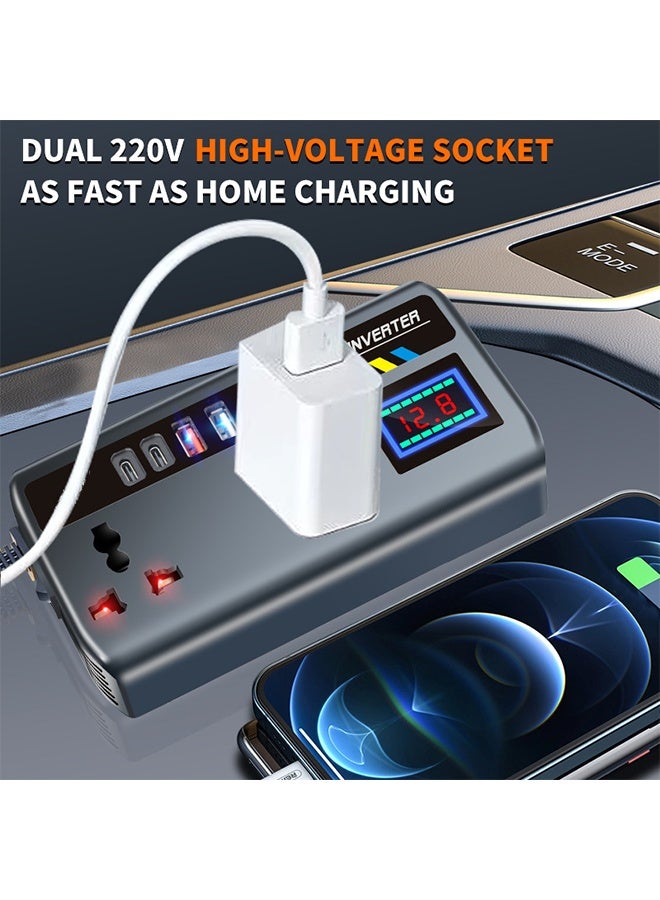 HAVEN 200W Car Power Inverter, Car Electric Outlet Adapter, DC 12/24V to 220V AC, Car Plug Converter with 3 USB Ports and 2 Type-C Ports, Built-in Switch and LCD Current Display, Compatible with Cars and Trucks - Image 2