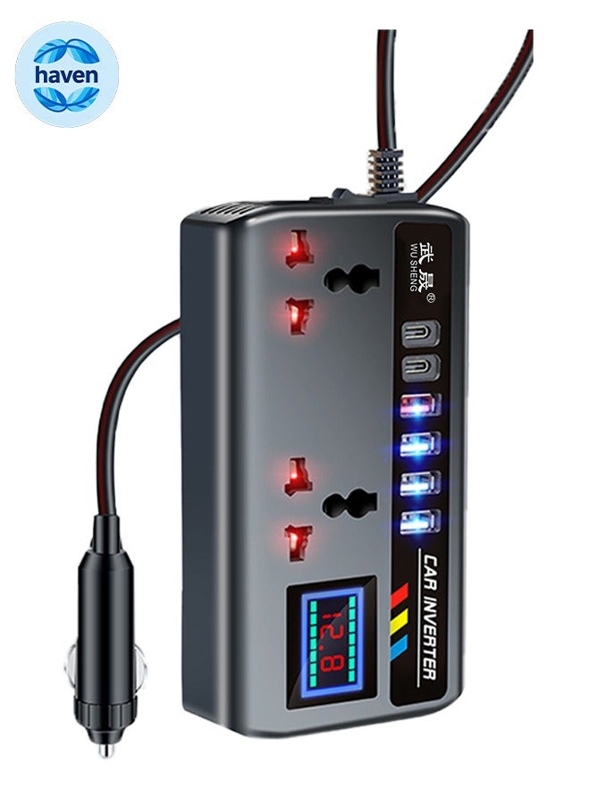 HAVEN 200W Car Power Inverter, Car Electric Outlet Adapter, DC 12/24V to 220V AC, Car Plug Converter with 3 USB Ports and 2 Type-C Ports, Built-in Switch and LCD Current Display, Compatible with Cars and Trucks - Image 1