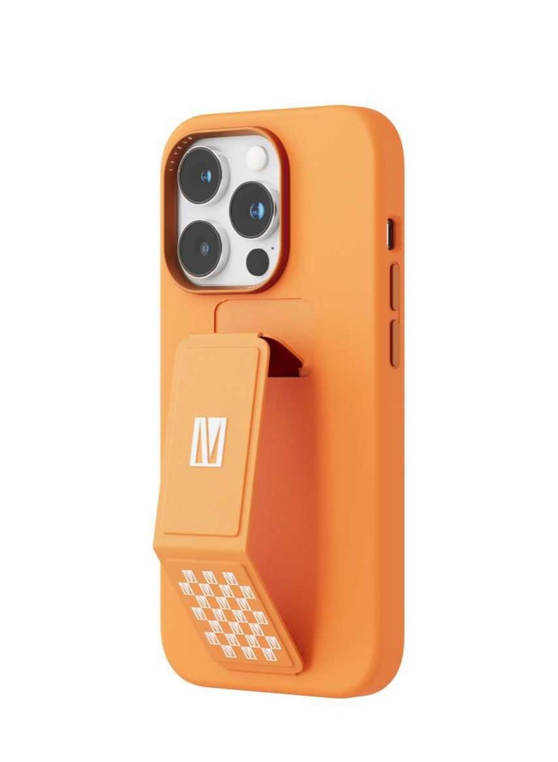 LEVELO iPhone 14 Pro Case Morphix Silicone Back Cover with Leather Grip Stand / Magnetic Kickstand / Full Protection / Premium Material - Orange - Image 1