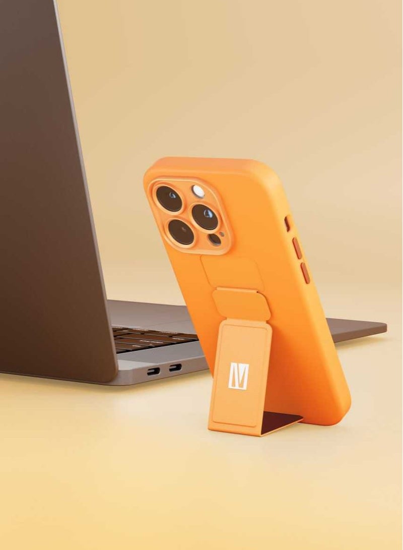 LEVELO iPhone 14 Pro Case Morphix Silicone Back Cover with Leather Grip Stand / Magnetic Kickstand / Full Protection / Premium Material - Orange - Image 3