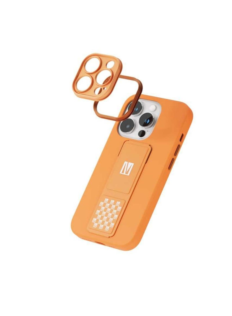 LEVELO iPhone 14 Pro Case Morphix Silicone Back Cover with Leather Grip Stand / Magnetic Kickstand / Full Protection / Premium Material - Orange - Image 2