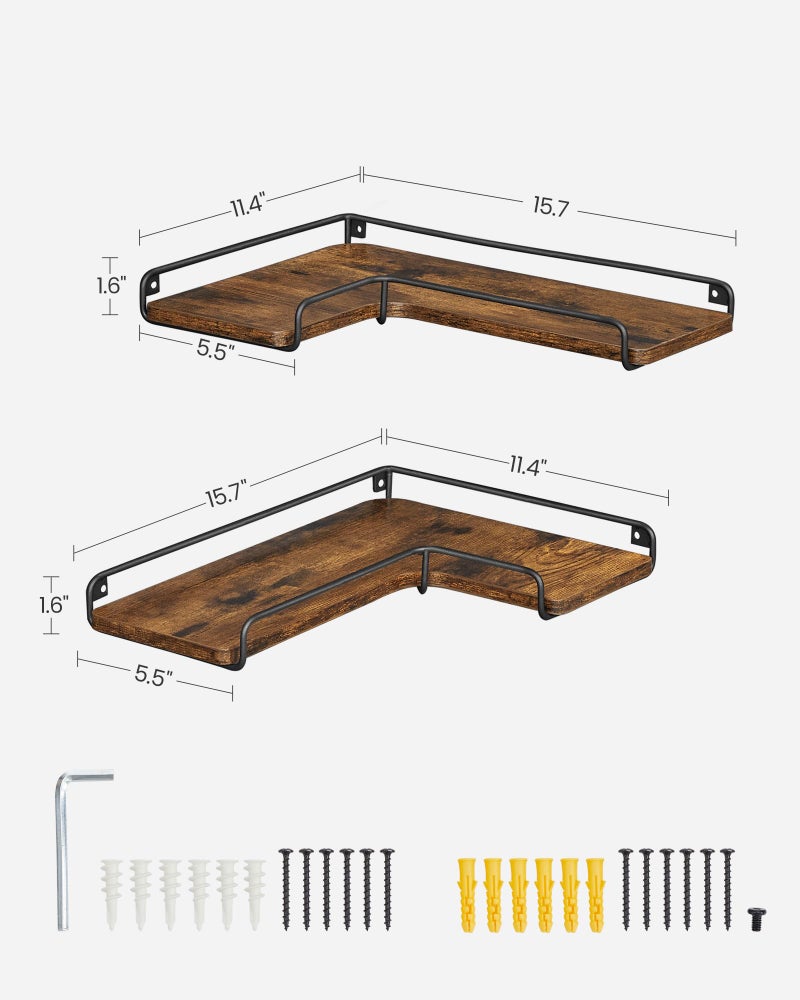 VASAGLE Corner Shelf Wall Mount Set of 2, Floating Shelves, Small Wall Shelf for Decor Storage, for Living Room Bedroom Kitchen Bathroom, Rustic Brown and Black ULLS831B01 - Image 2