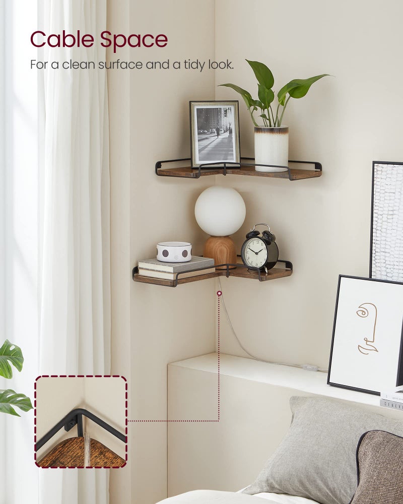 VASAGLE Corner Shelf Wall Mount Set of 2, Floating Shelves, Small Wall Shelf for Decor Storage, for Living Room Bedroom Kitchen Bathroom, Rustic Brown and Black ULLS831B01 - Image 4