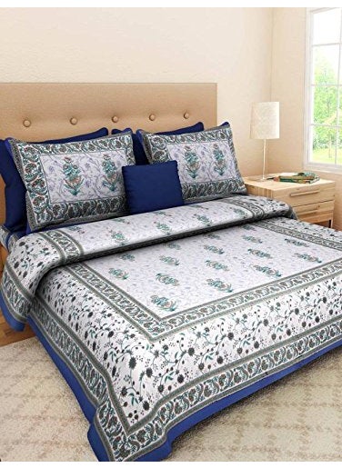 Queenie Queenie Brand 100% Cotton Rajasthani Jaipuri Traditional King Size Double Bed Bedsheet with 2 Pillow Covers/Flower Printed Bedsheet for DoubleB Bed (BELBUTA-B) 