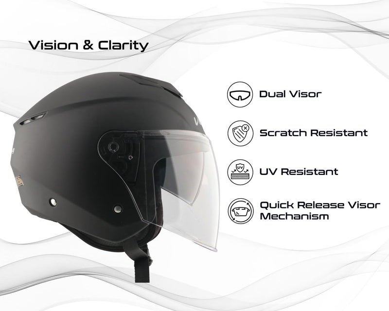 Vega VO 04 Punch Dual Visor Open Face Riding Helmet with Matte Shell, Shock-Absorbing Liner, Comfortable Interior, Aerodynamic Design, Ventilated Fit, and Modern Dull Black Styling Dull Black M - Image 5