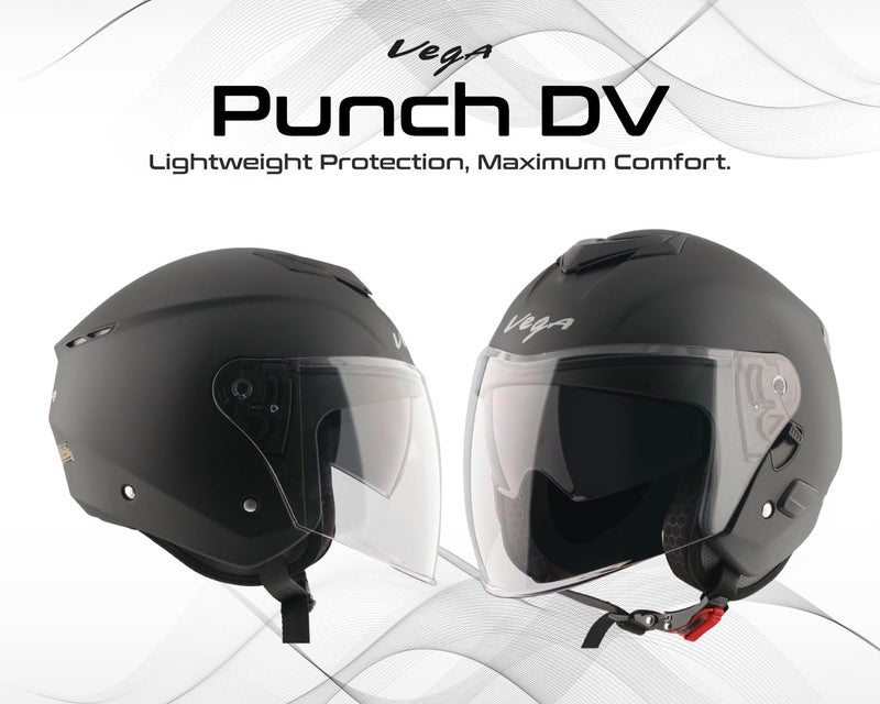 Vega VO 04 Punch Dual Visor Open Face Riding Helmet with Matte Shell, Shock-Absorbing Liner, Comfortable Interior, Aerodynamic Design, Ventilated Fit, and Modern Dull Black Styling Dull Black M - Image 2