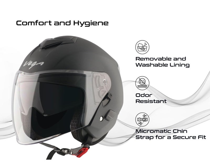 Vega VO 04 Punch Dual Visor Open Face Riding Helmet with Matte Shell, Shock-Absorbing Liner, Comfortable Interior, Aerodynamic Design, Ventilated Fit, and Modern Dull Black Styling Dull Black M - Image 4