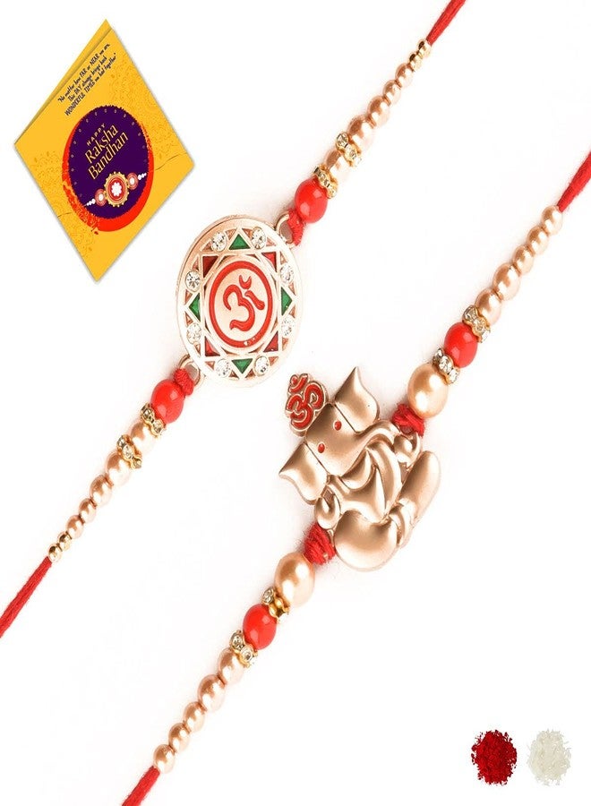 Rakhi For Brother - Auspicious Combo Set of Om anf Ganeshjii for Brother with Roli Chawal and Rakhi Greeting Card - Image 1