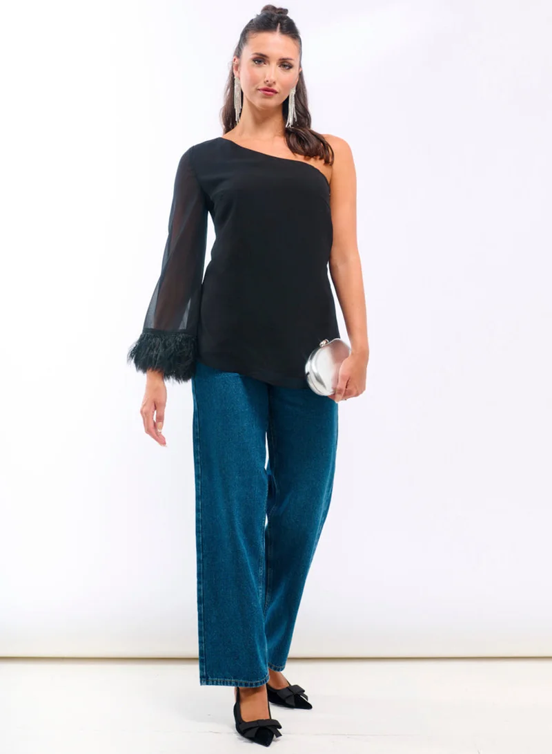 Needs No Label  Black Feather Asymmetric Top for Women | Best Price UAE