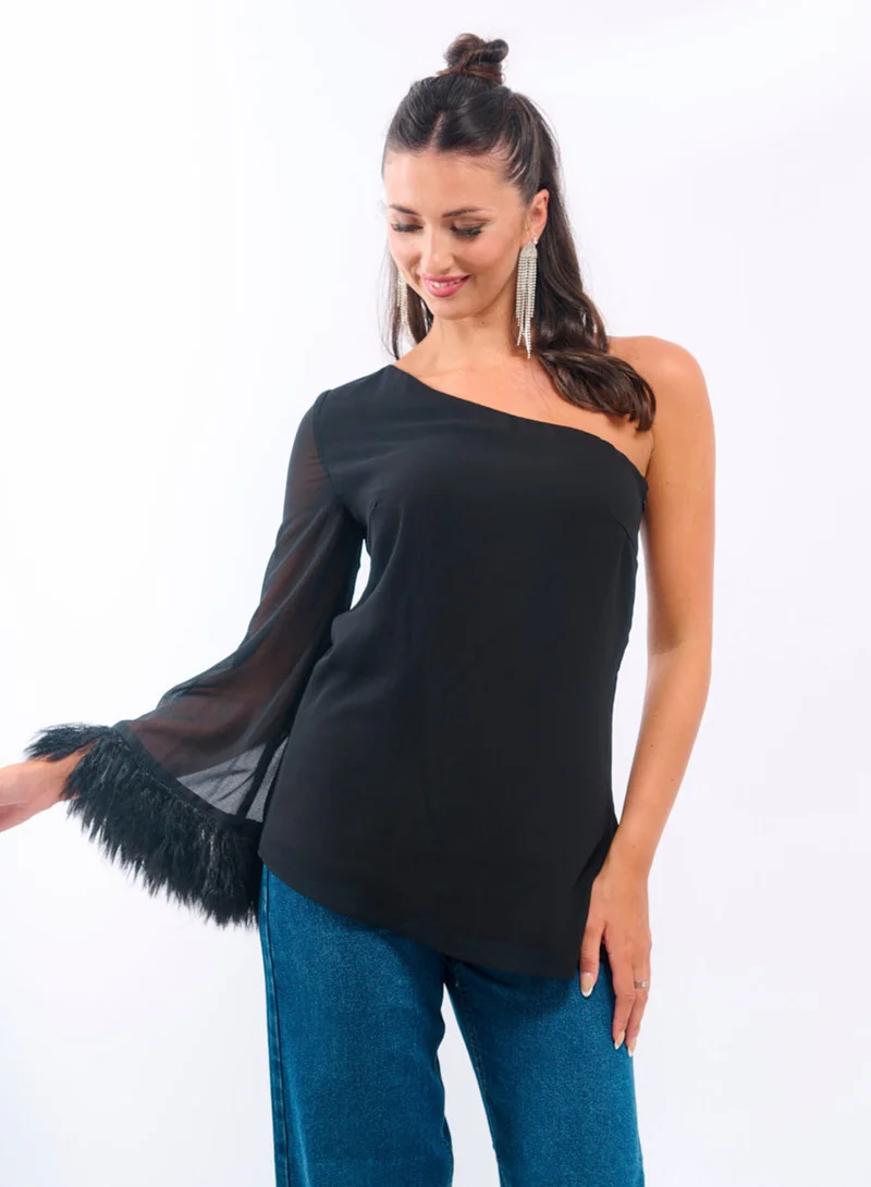 Needs No Label  Black Feather Asymmetric Top for Women | Best Price UAE