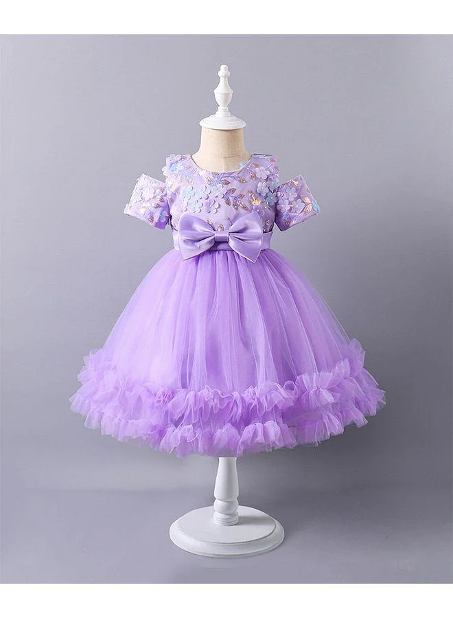 Mark & Mia Mark & Mia Bow Detailed & Floral Sequins Embellished Cold Shoulder Tulle Dress - Purple