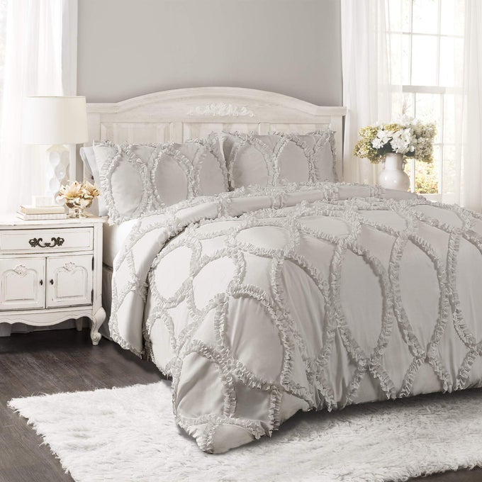 AVON COMFORTER SET 3 PIECE SET FULL QUEEN LIGHT GRAY GRAY COMFORTERS QUEEN SIZE COMFORTER RUFFLED BEDDING SET VINTAGE COQUETTE DECOR
