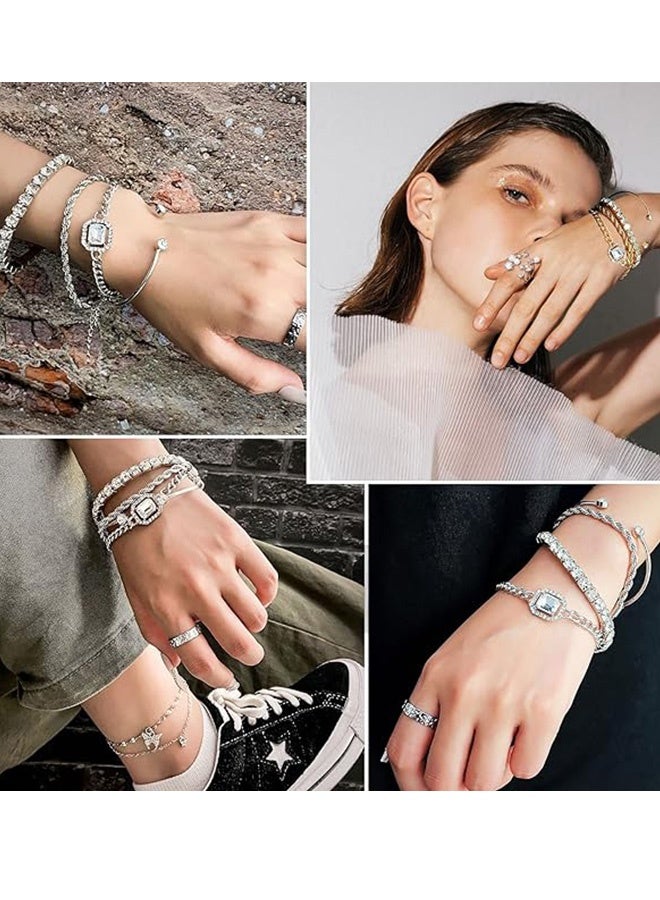 4 قطع من السوارات الفضية اللينة مجموعة للمرأة ، المجوهرات اليدوية العصرية القابلة للتعديل ، مناسبة للاستخدام اليومي والمناسبات الخاصة. - Image 2