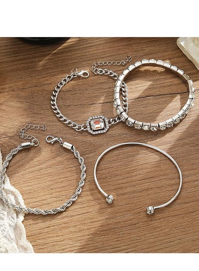 4 قطع من السوارات الفضية اللينة مجموعة للمرأة ، المجوهرات اليدوية العصرية القابلة للتعديل ، مناسبة للاستخدام اليومي والمناسبات الخاصة. - Image 4