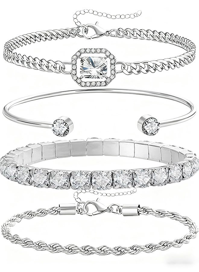 4 قطع من السوارات الفضية اللينة مجموعة للمرأة ، المجوهرات اليدوية العصرية القابلة للتعديل ، مناسبة للاستخدام اليومي والمناسبات الخاصة. - Image 1