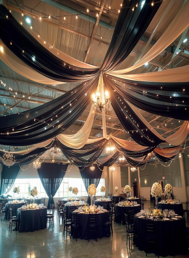 Shillance 6 Panels Black Ceiling Drapes with Lights String for Wedding Ceiling Drapes 5ftx10ft Wedding Draping Fabric Sheer Curtains Tulle Ceiling Drapery Wedding Decorations for Home Party Ceremony Stage Swag - Image 2