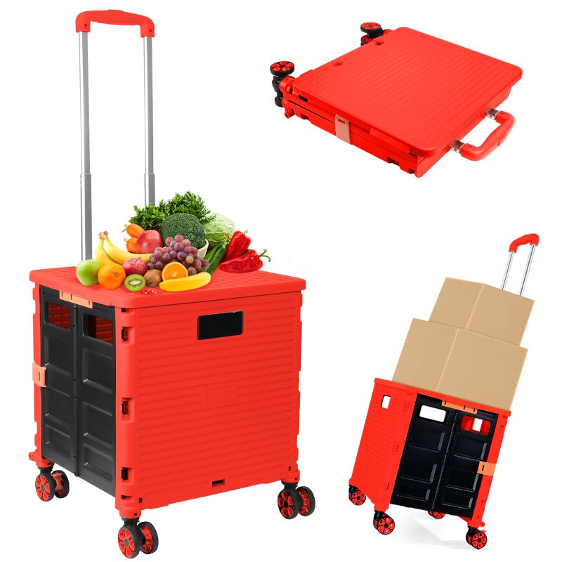 ZIYOU LANG Foldable Utility Cart Folding Portable Rolling Crate Handcart Shopping Trolley Wheel Box with Lid WearResistant Noiseless 360Rotate Wheel for Travel Shopping Moving Storage Office Use Red 