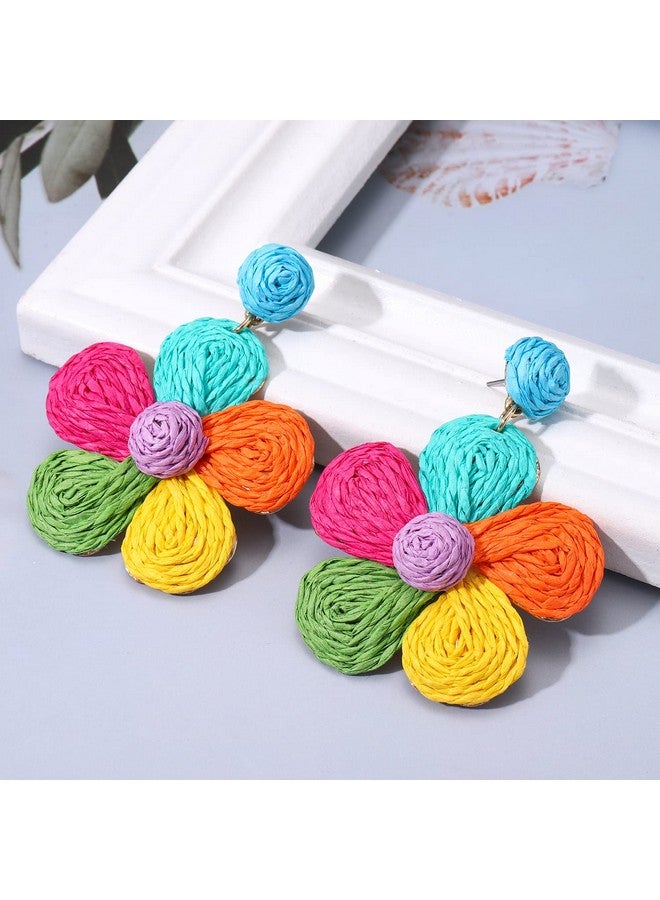 VOGUEKNOCK Rattan Earrings For Women Statement Boho Raffia Straw Wrapped Flower Drop Dangle Earrings Rainbow Summer Tropical Beach Jewelry (Colorful) - Image 2