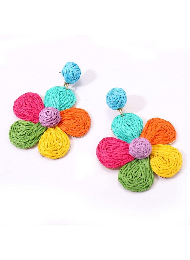 VOGUEKNOCK Rattan Earrings For Women Statement Boho Raffia Straw Wrapped Flower Drop Dangle Earrings Rainbow Summer Tropical Beach Jewelry (Colorful) - Image 3