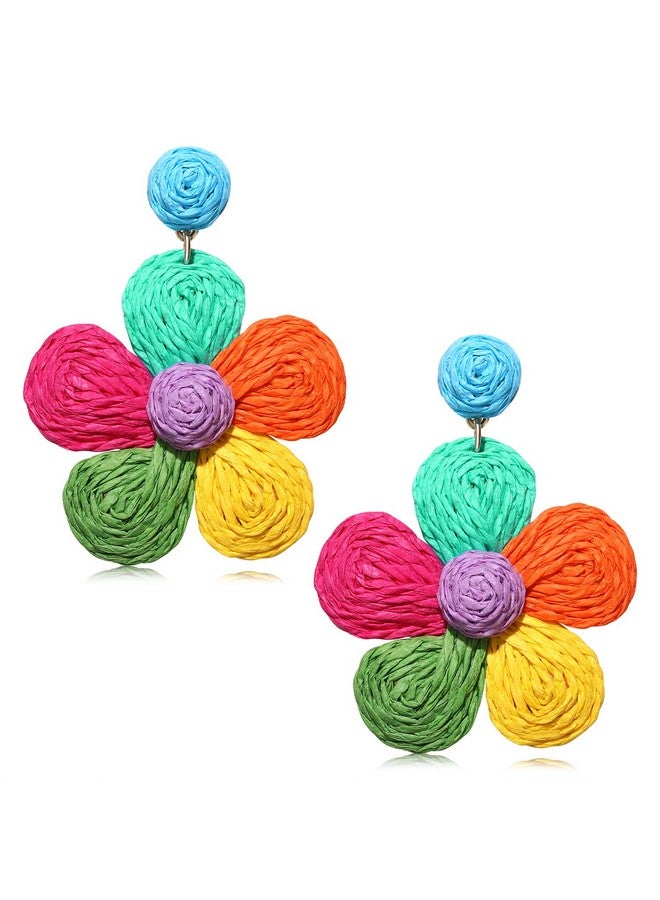 VOGUEKNOCK Rattan Earrings For Women Statement Boho Raffia Straw Wrapped Flower Drop Dangle Earrings Rainbow Summer Tropical Beach Jewelry (Colorful) - Image 1
