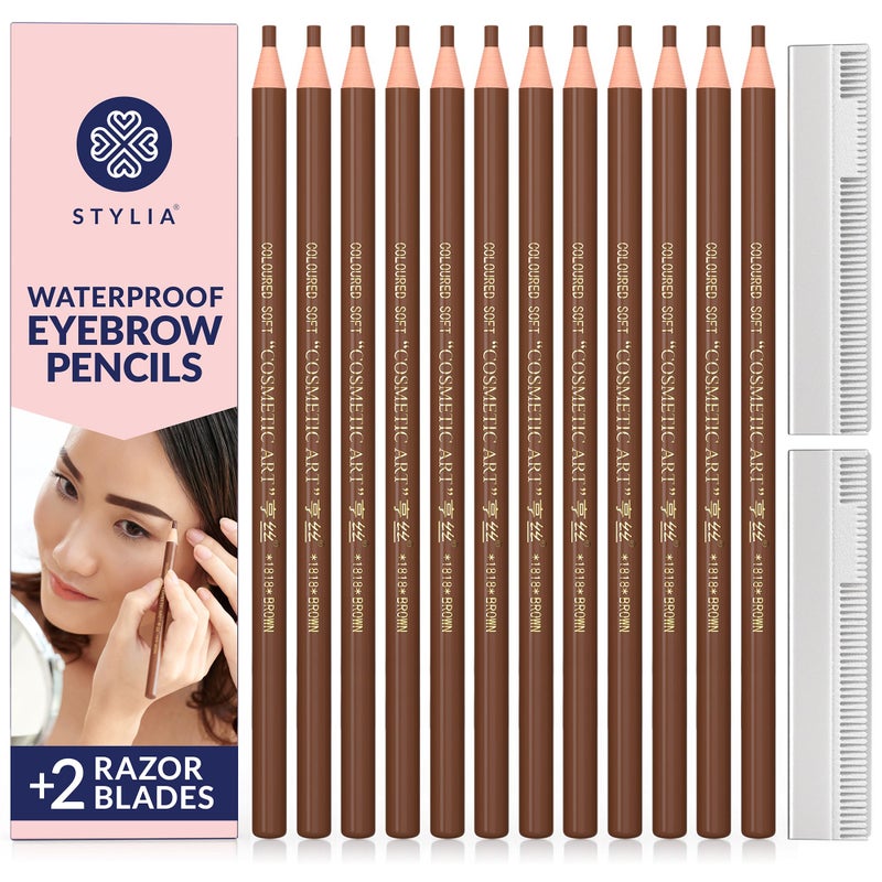 Stylia Waterproof Eyebrow Pencils For Women  LongLasting Microblading Supplies Brow Pencil Perfect for Eyebrow Shaper Filling  Defining NaturalLooking Brow  12PC Light Brown