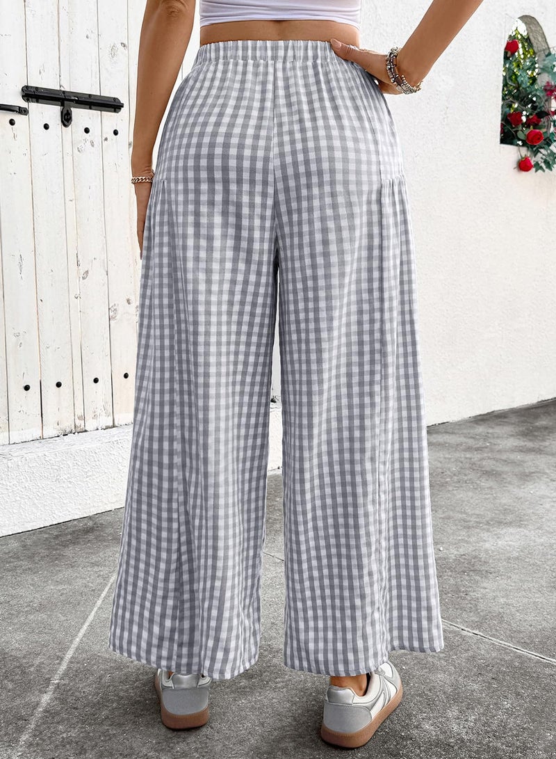 EVALESS Women's Wide Leg Palazzo Pants Elastic High Waisted Flowy Cotton Plaid Gingham Culottes Spring Summer Baggy Slacks Trousers Office Casual Going Out Outfits Dark Grey Large - Image 4