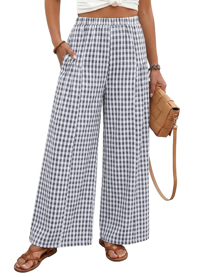 EVALESS Women's Wide Leg Palazzo Pants Elastic High Waisted Flowy Cotton Plaid Gingham Culottes Spring Summer Baggy Slacks Trousers Office Casual Going Out Outfits Dark Grey Large - Image 1