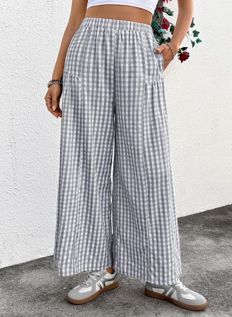 EVALESS Women's Wide Leg Palazzo Pants Elastic High Waisted Flowy Cotton Plaid Gingham Culottes Spring Summer Baggy Slacks Trousers Office Casual Going Out Outfits Dark Grey Large - Image 5