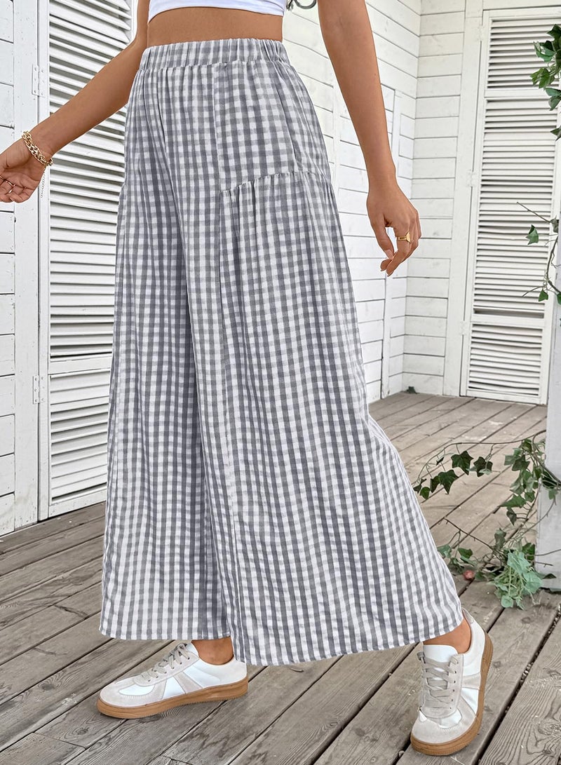 EVALESS Women's Wide Leg Palazzo Pants Elastic High Waisted Flowy Cotton Plaid Gingham Culottes Spring Summer Baggy Slacks Trousers Office Casual Going Out Outfits Dark Grey Large - Image 2