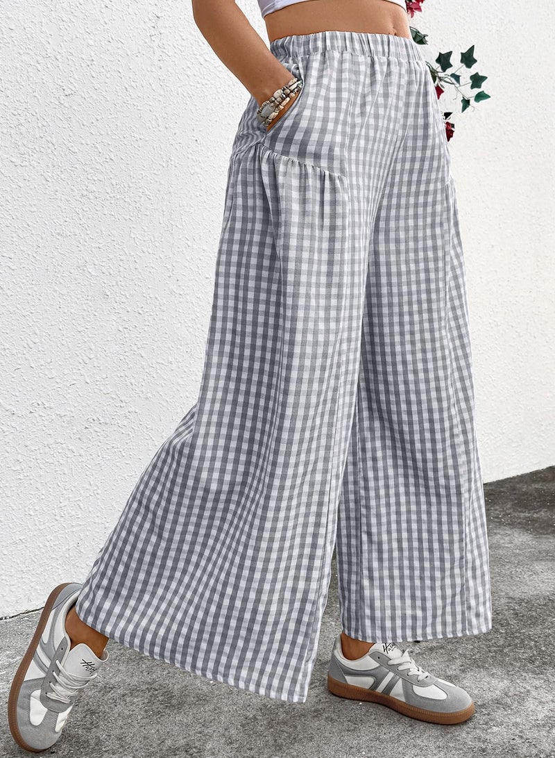 EVALESS Women's Wide Leg Palazzo Pants Elastic High Waisted Flowy Cotton Plaid Gingham Culottes Spring Summer Baggy Slacks Trousers Office Casual Going Out Outfits Dark Grey Large - Image 3